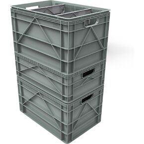 حزمة Crate Basic - 2 صناديق تخزين قابلة للتكديس بحجم نصف الحجم و 1 من أحجام ، وحاويات وحاويات مع فواصل - منظم بلاستيكي متين للمنزل ، والمكتب ، والمرآب ، والاستخدام في الهواء الطلق