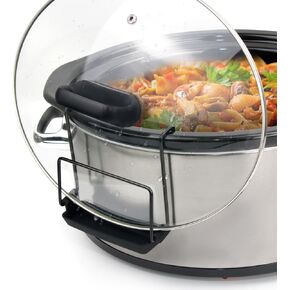 حامل غطاء طباخ بطيء للطهي ، منظم غطاء وعاء خالٍ من اليدين يناسب معظم الطهي البطيء ، رف غطاء وعاء من الفولاذ المقاوم للصدأ مع حوض السيليكون لا يوجد أي فوضى (أسود ، حزمة واحدة) in Kuwait
