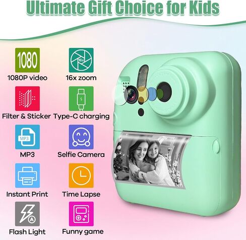 كاميرا مطبوعة فورية للأطفال ، هدايا عيد ميلاد عيد الميلاد للأطفال الذين تتراوح أعمارهم بين 3 و 12 عامًا ، تكبير 16x ، 1080 بكسل كاميرا رقمية فيديو ، لعبة صغار محمولة للبنات والفتيان مع بطاقة TF 32GB (الأزرق) in Kuwait