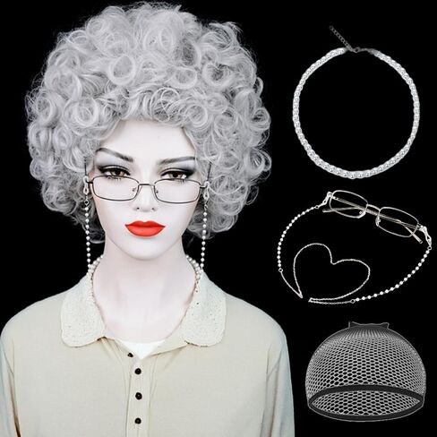 Short Orange Curly Landlady Roper Wig and Glasses Jewelry, Reddish Orange Afro Annie Wig with Necklace Earrings +Wig Cap Set 5 Accessories for Halloween Party Mrs Costume Cosplay in Saudi Arabia