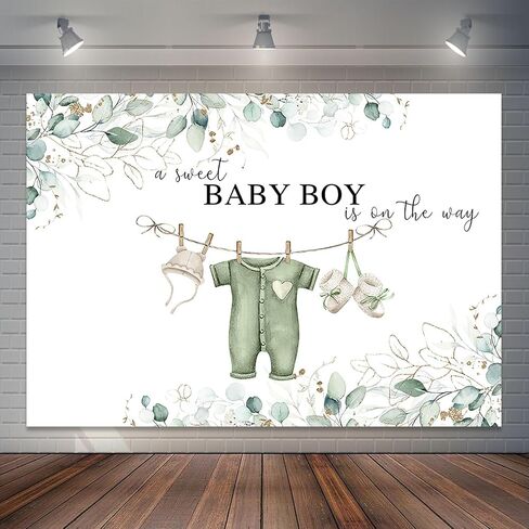 7x5ft Greenery Baby Shower Backdrop Sweet Baby Boy Watercolor Clothes Background Green Eucalyptus Leaves Baby Shower Party Cake Table Decorations Banner Photo Booth in Kuwait