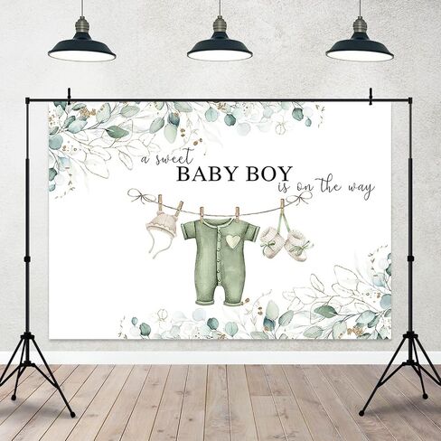 7x5ft Greenery Baby Shower Backdrop Sweet Baby Boy Watercolor Clothes Background Green Eucalyptus Leaves Baby Shower Party Cake Table Decorations Banner Photo Booth in Kuwait