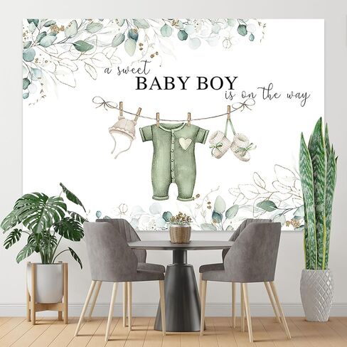 7x5ft Greenery Baby Shower Backdrop Sweet Baby Boy Watercolor Clothes Background Green Eucalyptus Leaves Baby Shower Party Cake Table Decorations Banner Photo Booth in Kuwait