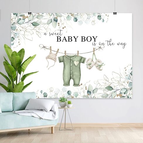 7x5ft Greenery Baby Shower Backdrop Sweet Baby Boy Watercolor Clothes Background Green Eucalyptus Leaves Baby Shower Party Cake Table Decorations Banner Photo Booth in Kuwait