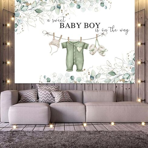7x5ft Greenery Baby Shower Backdrop Sweet Baby Boy Watercolor Clothes Background Green Eucalyptus Leaves Baby Shower Party Cake Table Decorations Banner Photo Booth in Kuwait
