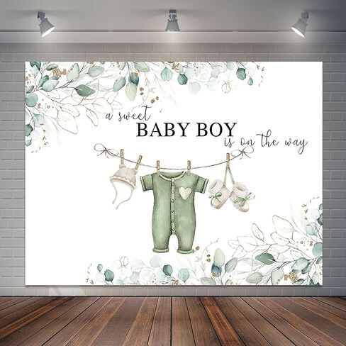 7x5ft Greenery Baby Shower Backdrop Sweet Baby Boy Watercolor Clothes Background Green Eucalyptus Leaves Baby Shower Party Cake Table Decorations Banner Photo Booth in Kuwait
