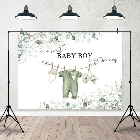 7x5ft Greenery Baby Shower Backdrop Sweet Baby Boy Watercolor Clothes Background Green Eucalyptus Leaves Baby Shower Party Cake Table Decorations Banner Photo Booth in Kuwait