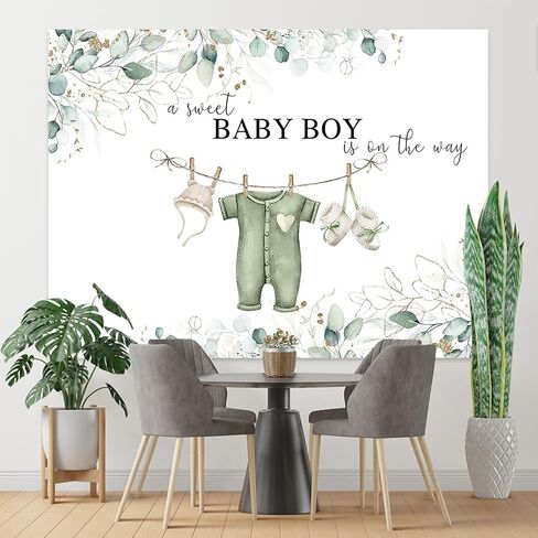 7x5ft Greenery Baby Shower Backdrop Sweet Baby Boy Watercolor Clothes Background Green Eucalyptus Leaves Baby Shower Party Cake Table Decorations Banner Photo Booth in Kuwait