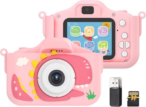 Andoer 1080P Kids Digital Camera Cute Digital Video Camera for Kids Dual Lens 2.0 Inch IPS Screen 48M Photo Games with Neck Strap 32GB TF Card USB Card Reader Birthday for Boys Girls in Kuwait