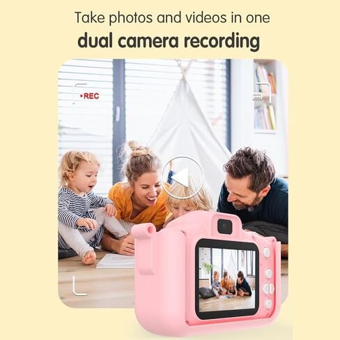 Andoer 1080P Kids Digital Camera Cute Digital Video Camera for Kids Dual Lens 2.0 Inch IPS Screen 48M Photo Games with Neck Strap 32GB TF Card USB Card Reader Birthday for Boys Girls in Kuwait