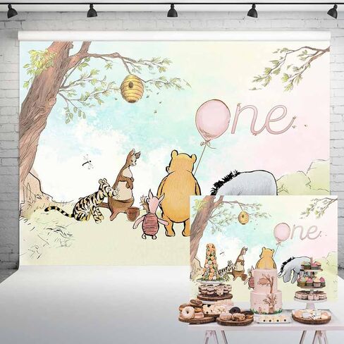 Vintage Pooh Bear Backdrop 1st Birthday Girl Watercolor Tree Pastel Sky Pink Balloon One Year Old Birthday Decorations Background Classic Pooh Cake Table Banner 5x3 ft 146 in Kuwait