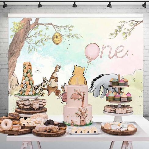 Vintage Pooh Bear Backdrop 1st Birthday Girl Watercolor Tree Pastel Sky Pink Balloon One Year Old Birthday Decorations Background Classic Pooh Cake Table Banner 5x3 ft 146 in Kuwait