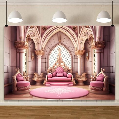 YongFoto Pink Princess Castle Backdrop 7x5ft Sofa Flowers Vases Curtain Door Room Interior Photography Background Girl Baby Kids Birthday Wedding Baby Shower Party Banner Living Room Decor in Kuwait