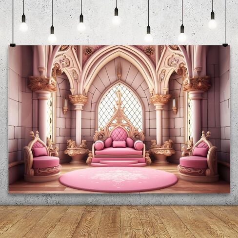 YongFoto Pink Princess Castle Backdrop 7x5ft Sofa Flowers Vases Curtain Door Room Interior Photography Background Girl Baby Kids Birthday Wedding Baby Shower Party Banner Living Room Decor in Kuwait