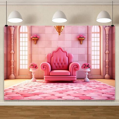YongFoto Pink Princess Castle Backdrop 7x5ft Sofa Flowers Vases Curtain Door Room Interior Photography Background Girl Baby Kids Birthday Wedding Baby Shower Party Banner Living Room Decor in Kuwait