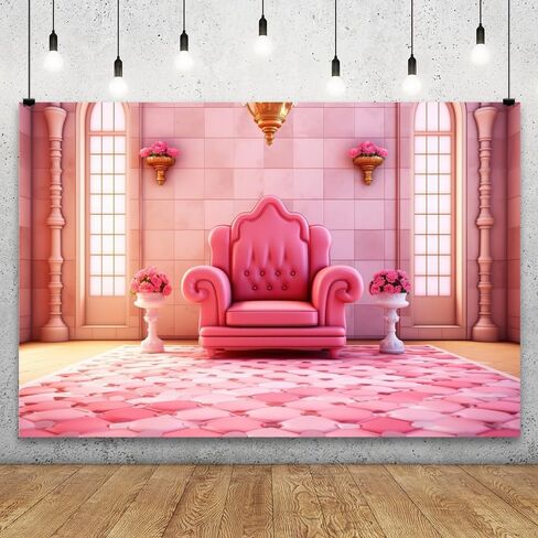 YongFoto Pink Princess Castle Backdrop 7x5ft Sofa Flowers Vases Curtain Door Room Interior Photography Background Girl Baby Kids Birthday Wedding Baby Shower Party Banner Living Room Decor in Kuwait
