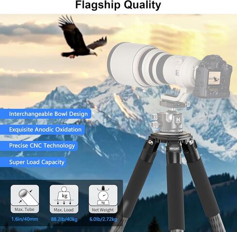 33 "ترايبود ألياف الكربون للكاميرا ترايبود ثقيلة Weyllan NX9 40mm ساق 10 طبقة ترايبود ترايبود كاميرا احترافية مع محول وعاء 75 مم لعدسة التكبير ، والتصوير الفوتوغرافي للطيور ، DSLR ، تحميل 88 رطل/40 كجم in Kuwait