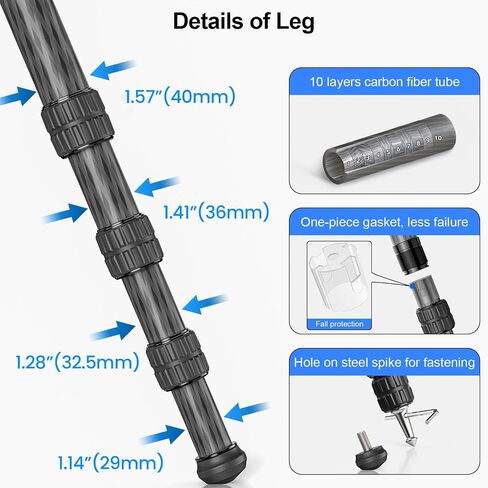 33 "ترايبود ألياف الكربون للكاميرا ترايبود ثقيلة Weyllan NX9 40mm ساق 10 طبقة ترايبود ترايبود كاميرا احترافية مع محول وعاء 75 مم لعدسة التكبير ، والتصوير الفوتوغرافي للطيور ، DSLR ، تحميل 88 رطل/40 كجم in Kuwait