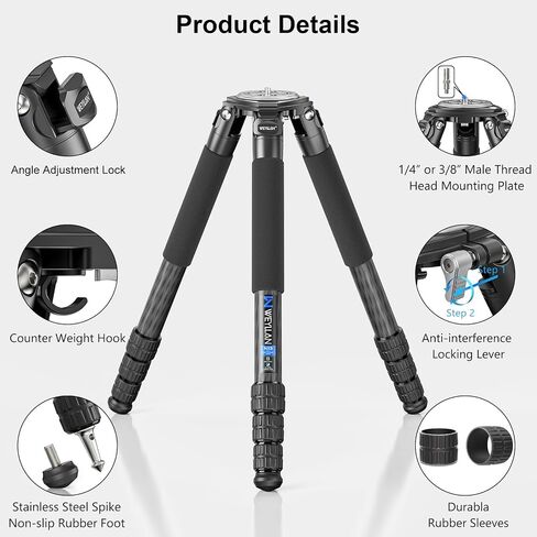 33 "ترايبود ألياف الكربون للكاميرا ترايبود ثقيلة Weyllan NX9 40mm ساق 10 طبقة ترايبود ترايبود كاميرا احترافية مع محول وعاء 75 مم لعدسة التكبير ، والتصوير الفوتوغرافي للطيور ، DSLR ، تحميل 88 رطل/40 كجم in Kuwait