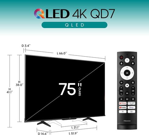 Hisense 100 inch Class Series QD7 Series QLED 4K UHD Google Smart TV (100QD7N ، 2024 Model) - QLED ، 144Hz ، معدل الحركة 240 ، المصفوفة الكاملة المباشرة ، Game Mode Pro ، Alexa Compatibility in Kuwait