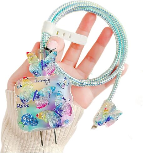 حامي الكابلات لشاحن iPhone 18W/20W ، Kawaii 3D Butterfly ، غطاء شاحن الشكل الناعم المربحي ، شحن واقي الشاحن iPad Contector Cute Cable Saver for iPhone 13 14 15 16 Pro Max-Purple in Kuwait