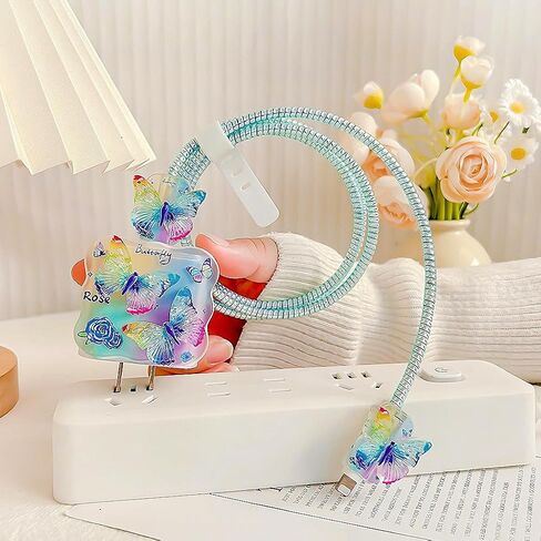 حامي الكابلات لشاحن iPhone 18W/20W ، Kawaii 3D Butterfly ، غطاء شاحن الشكل الناعم المربحي ، شحن واقي الشاحن iPad Contector Cute Cable Saver for iPhone 13 14 15 16 Pro Max-Purple in Kuwait