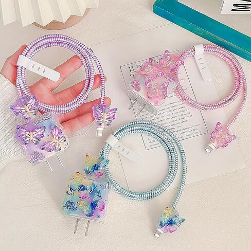 حامي الكابلات لشاحن iPhone 18W/20W ، Kawaii 3D Butterfly ، غطاء شاحن الشكل الناعم المربحي ، شحن واقي الشاحن iPad Contector Cute Cable Saver for iPhone 13 14 15 16 Pro Max-Purple in Kuwait