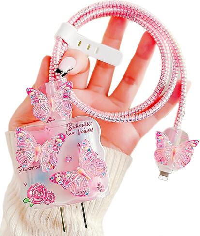 حامي الكابلات لشاحن iPhone 18W/20W ، Kawaii 3D Butterfly ، غطاء شاحن الشكل الناعم المربحي ، شحن واقي الشاحن iPad Contector Cute Cable Saver for iPhone 13 14 15 16 Pro Max-Purple in Kuwait