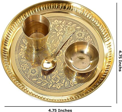 مجموعة الحرف الهندية من النحاس ثالي من أجل Bhog إلى Kanha Thakur ji Indian Hindu God Rituals Puja Plate. طقم 4 قطع (طبق، كاتوري، زجاج، ملعقة) in Saudi Arabia
