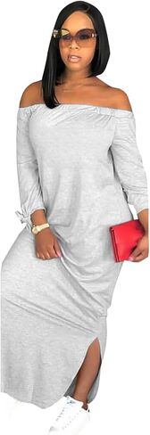 OLUOLIN Women's Casual Letter Print Off Shoulder Long Sleeve Bowknot Sides Slit Loose Long T-Shirt Maxi Dress in Kuwait