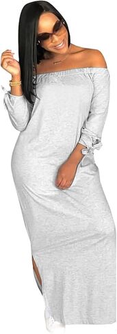 OLUOLIN Women's Casual Letter Print Off Shoulder Long Sleeve Bowknot Sides Slit Loose Long T-Shirt Maxi Dress in Kuwait