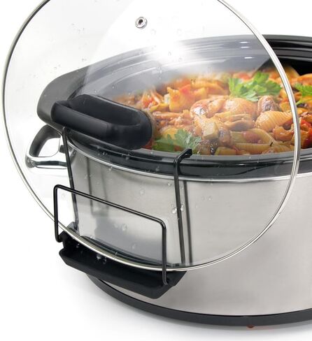 حامل غطاء طباخ بطيء للطهي ، منظم غطاء وعاء خالٍ من اليدين يناسب معظم الطهي البطيء ، رف غطاء وعاء من الفولاذ المقاوم للصدأ مع حوض السيليكون لا يوجد أي فوضى (أسود ، حزمة واحدة) in Kuwait