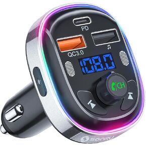 Sonru Bluetooth 5.3 FM Transmitter للسيارة ، محول سيارة Bluetooth ، PD 30W & QC3.0 18W شاحن سيارة سريع ، محول موسيقى راديو FM لاسلكي ، ميكروفون مزدوج أقوى/7 ملونة LED الخلفية/مكالمة خالية من اليدين