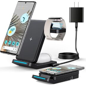 قابلة للطي متزايدة 3 في 1 شاحن لاسلكي لـ Google Pixel Watch 3/2 ، حامل الشاحن للبكسل 9 Pro/XL/9/8 ل Pxiel 9 Pro Fold) مع محول ، أسود