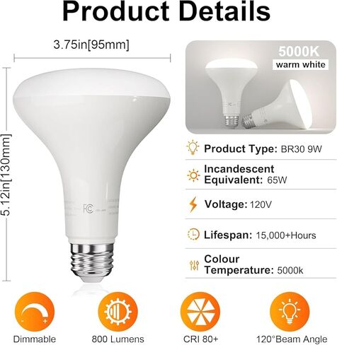 tjoy 12 حزمة BR30 مصابيح LED مكافئة 65 وات، لمبة أضواء فيضانات داخلية قابلة للتعتيم، قاعدة E26، 2700 كلفن أبيض ناعم، 9 وات، 800 لومن، لمبة إضاءة غائرة للسقف، علبة راحة، غرفة المعيشة والمطبخ in Kuwait