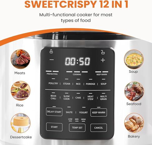 Sweetcrispy 6 Qt ضغط الضغط الكهربائي 12-في 1 الطباخات الكهربائية متعددة ، الأرز باخرة زبادي الفولاذ المقاوم للصدأ ، شريحة جديدة in Kuwait