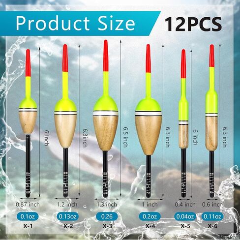 12 Pcs Float Fishing Bobber Balsa Wood Slip Fishing Bobbers Stick Slip Bobber in 6 Size for Fishing Crappie Bluegill Trout Bass Panfish Catfish Walleye Fishing Tackle Accessories in Kuwait