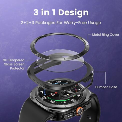 [2+2+3 Pack] Goton 3 in 1 for Samsung Galaxy Watch Ultra 47mm 2024 Screen Protector Case, HD Tempered Glass Screen Protector Hard PC Case Bezel Ring Cover for Galaxy Watch 7 Ultra Silver with Indices in Kuwait