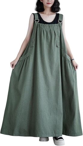 Denim Jumper Dress with Deep Pockets Maxi Length Loose Version Baggy Style Adjustable Straps Overall Dress in Saudi Arabia