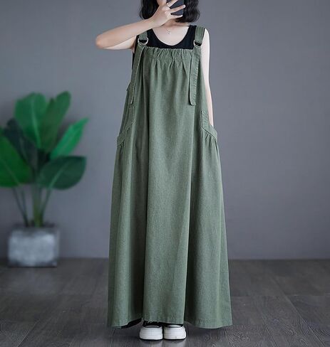 Denim Jumper Dress with Deep Pockets Maxi Length Loose Version Baggy Style Adjustable Straps Overall Dress in Saudi Arabia