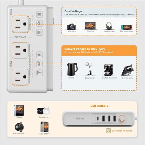 220V to 110V Converter, TESSAN Travel Voltage Converter with 4 USB Ports (1 USB C), 3 AC Outlet and EU UK AU IT Universal Travel Adaptor, Step Down Transformer Power Outlet Adapter Combo Black in Kuwait