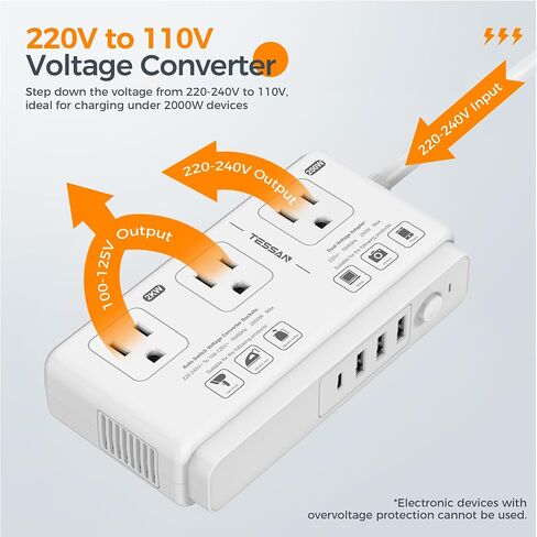 220V to 110V Converter, TESSAN Travel Voltage Converter with 4 USB Ports (1 USB C), 3 AC Outlet and EU UK AU IT Universal Travel Adaptor, Step Down Transformer Power Outlet Adapter Combo Black in Kuwait