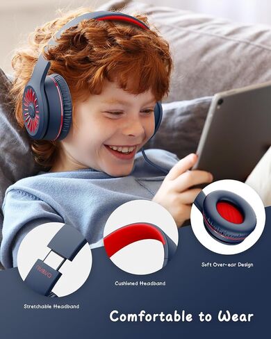 Wired Headphones with Microphone, K16 On-Ear Headphones for Kids with 3.5MM Jack, Foldable Stereo Bass Headphones for Teens School Amazon Kindle, Fire, Chromebook, Tablet(Light Blue Red) in Kuwait
