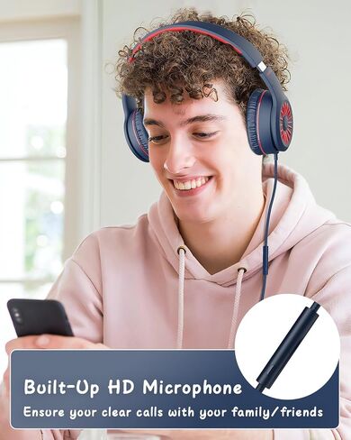 Wired Headphones with Microphone, K16 On-Ear Headphones for Kids with 3.5MM Jack, Foldable Stereo Bass Headphones for Teens School Amazon Kindle, Fire, Chromebook, Tablet(Light Blue Red) in Kuwait