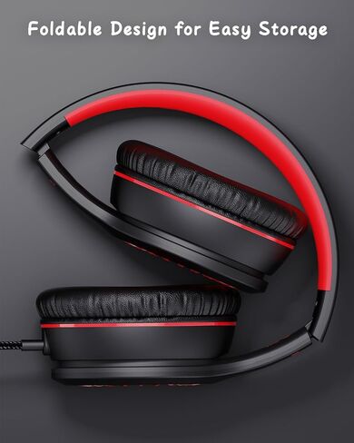Wired Headphones with Microphone, K16 On-Ear Headphones for Kids with 3.5MM Jack, Foldable Stereo Bass Headphones for Teens School Amazon Kindle, Fire, Chromebook, Tablet(Light Blue Red) in Kuwait