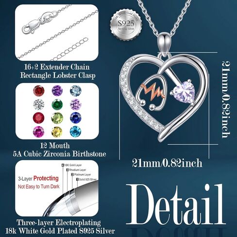 القلب السماعة قلادة قلادة للنساء 925 الفضة الاسترليني الأحجار الكريمة جوهرة الطبيب ممرضة المجوهرات الطبية RN ممرضة مسجلة التخرج التقاعد ممرضة أسبوع الهدايا in Kuwait