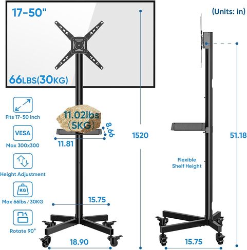 Mobile TV Cart for 23-55 Inch LCD LED Flat/Curved TVs, Tilting and Rotating Mount, Portrait to Landscape, Height Adjustable Metal Shelf Rolling TV Stand with Wheels up to 55lbs Max VESA 400x400mm in Saudi Arabia