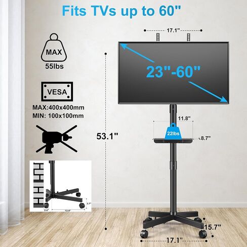 حامل تلفزيون متدحرج لشاشات تلفزيون مسطحة منحنية مقاس 23-60 بوصة LCD LED، حامل تلفزيون متنقل قابل للتعديل مع عجلات قفل تصل إلى 55 رطل، عربة تلفزيون ذكية قابلة للإمالة بحد أقصى VESA 400x400 مم in Saudi Arabia