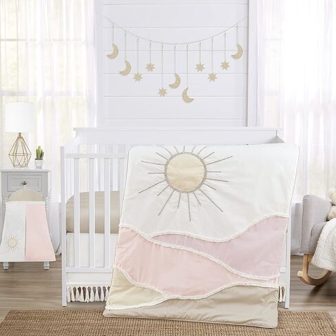 Sweet Jojo Designs Ivory Boho Chic Sun Boy Girl Baby Crib Bedding Set Infant Nursery Room Blanket Fitted Sheet Skirt Diaper Stacker 4pc Cotton Bohemian Shabby Gender Neutral Modern Beige Tufted Fringe in Saudi Arabia