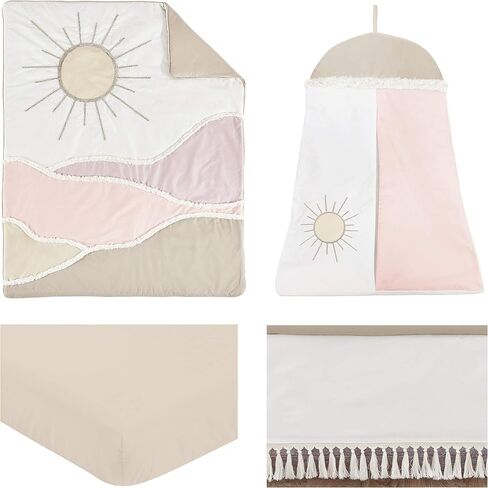 Sweet Jojo Designs Ivory Boho Chic Sun Boy Girl Baby Crib Bedding Set Infant Nursery Room Blanket Fitted Sheet Skirt Diaper Stacker 4pc Cotton Bohemian Shabby Gender Neutral Modern Beige Tufted Fringe in Saudi Arabia